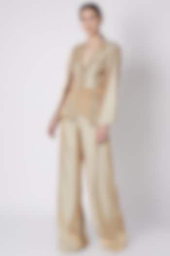Gold Embroidered Jacket With Flared Pants by Supria Munjal