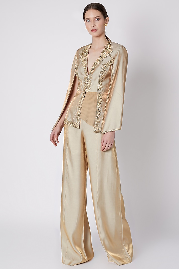 Gold Embroidered Jacket With Flared Pants by Supria Munjal