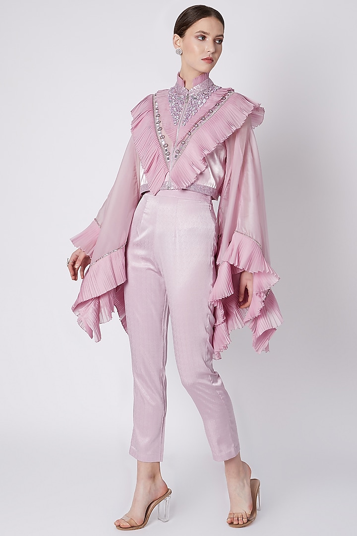Snow Lilac Embroidered Bomber Jacket With Pants by Supria Munjal