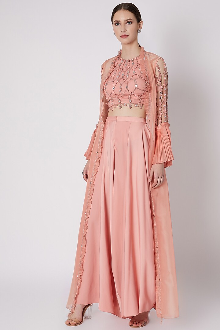 Salmon Peach Embroidered Cape Set by Supria Munjal