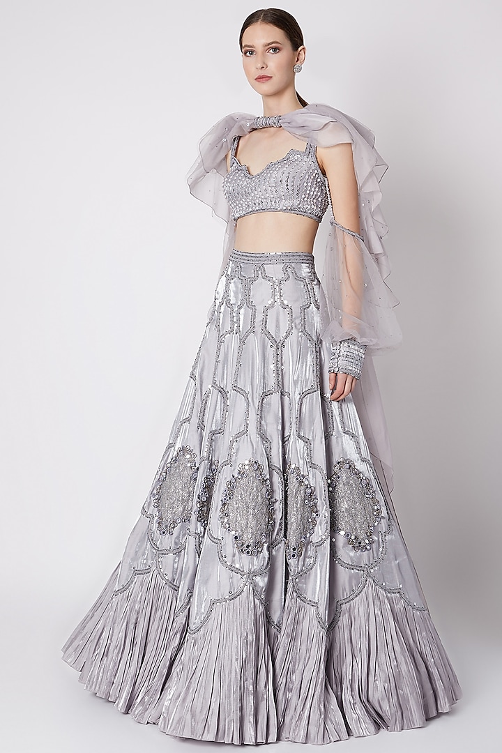Silver Grey Embroidered Lehenga Set by Supria Munjal