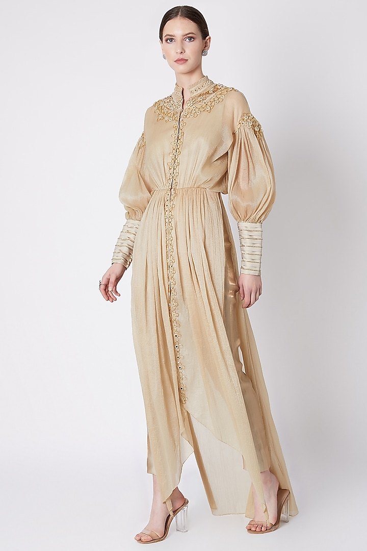 Gold Embroidered Dress With Pants by Supria Munjal