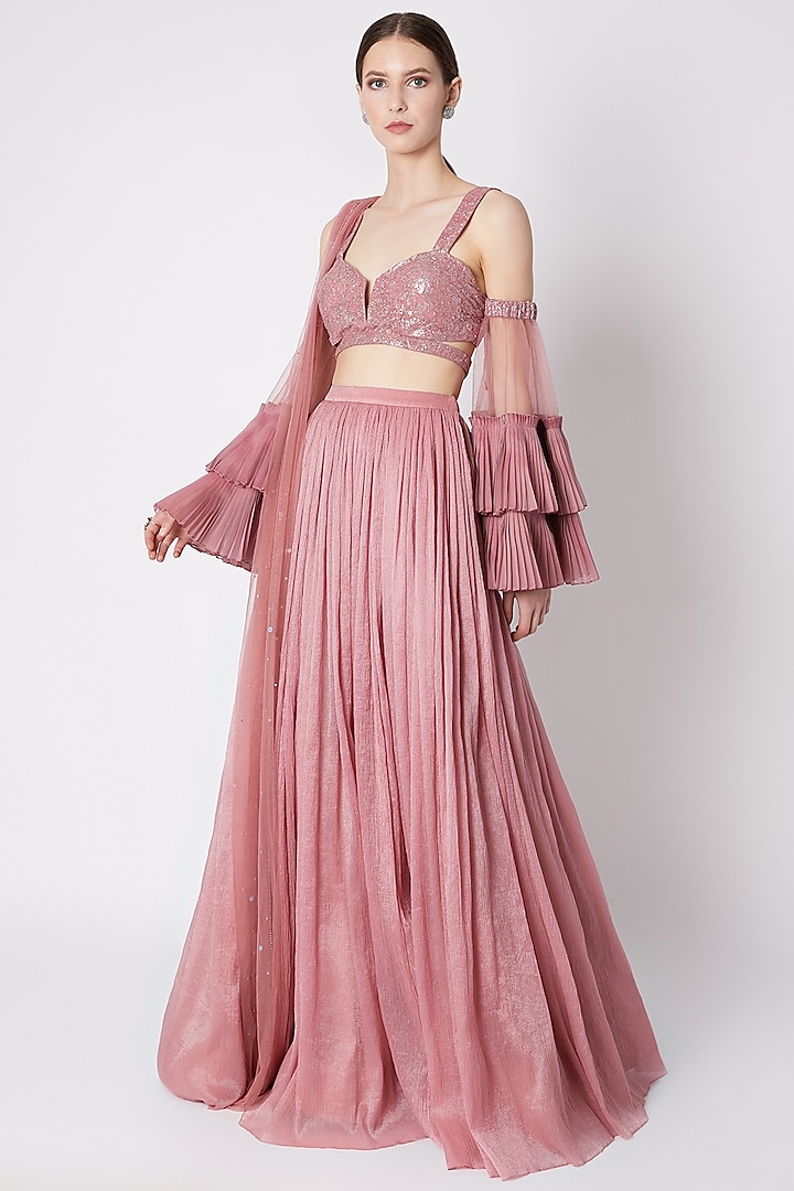 Dusty Rose Pink Embroidered Skirt Set by Supria Munjal