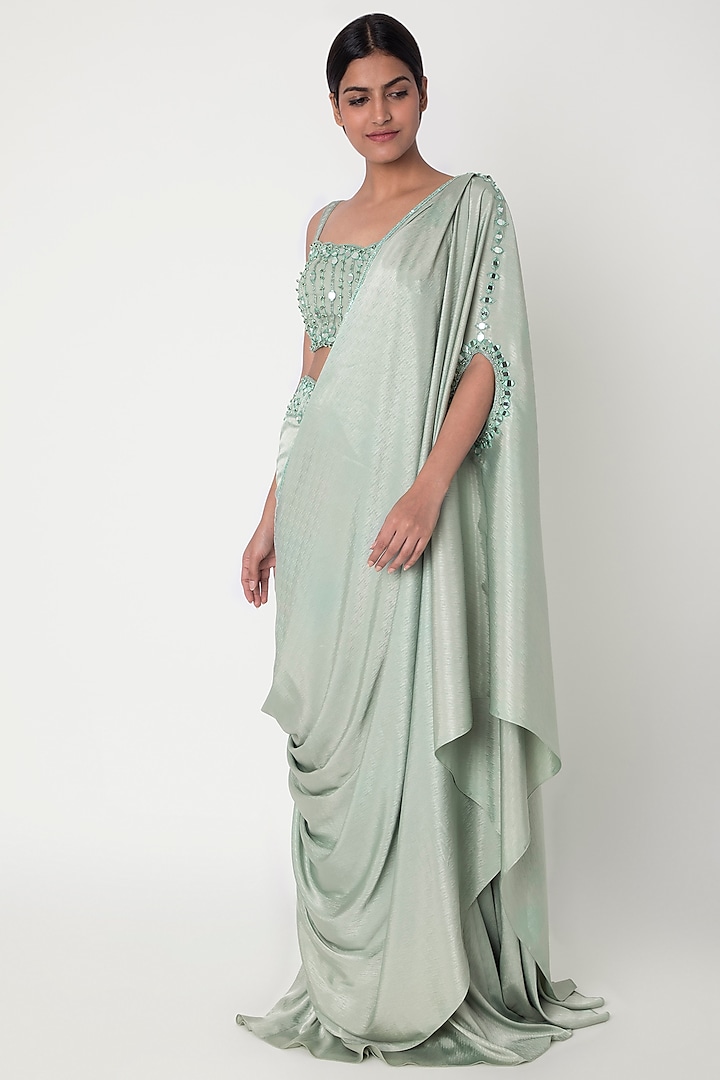 Cameo Green Embroidered Draped Cape Saree Set by Supria Munjal