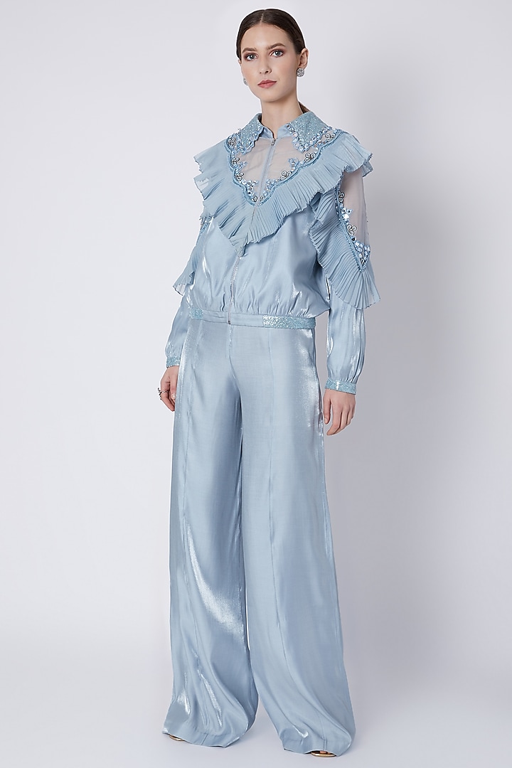 Sky Blue Embroidered Jacket With Palazzo Pants by Supria Munjal