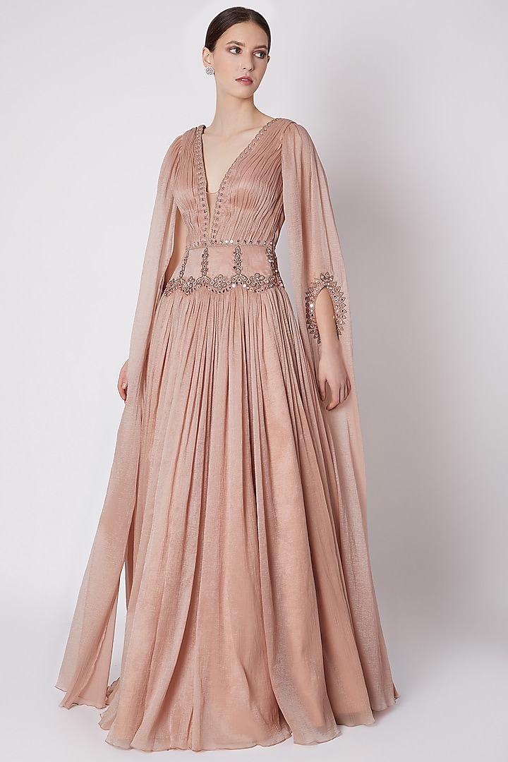 Nude Embroidered Ruched Gown by Supria Munjal