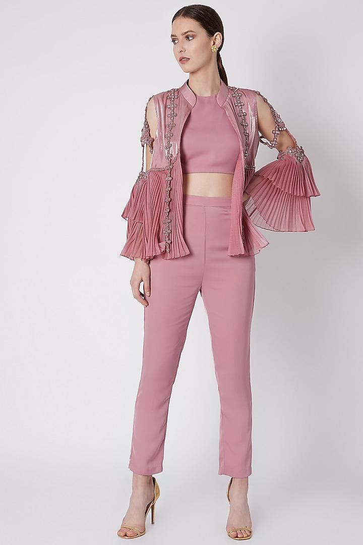 Dusty Pink Embroidered Jacket Set by Supria Munjal