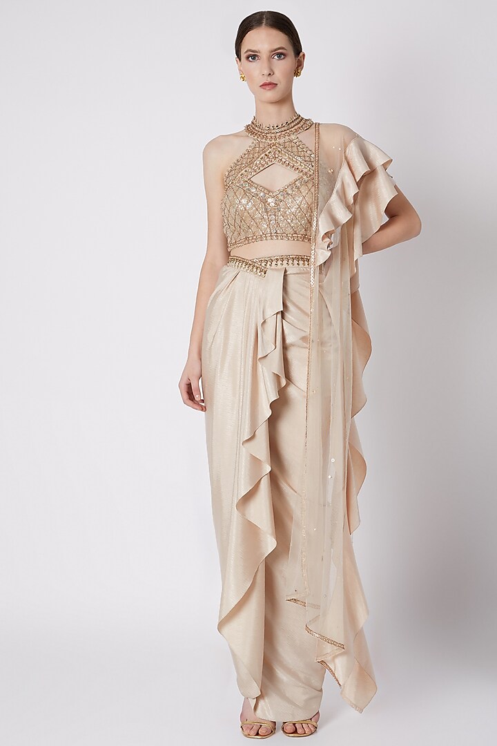 Gold Embroidered Draped Skirt Set by Supria Munjal