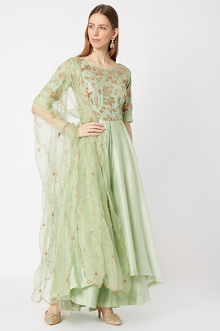 Mint Green Embroidered Kurta Palazzo Set by Sumayah