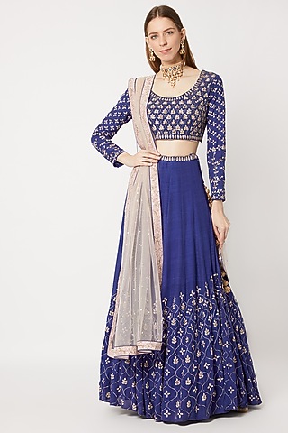 Cobalt Blue Embroidered Lehenga Set by Sumayah