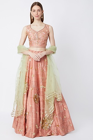 Peach Embroidered Lehenga Set With Sage Green Dupatta by Sumayah