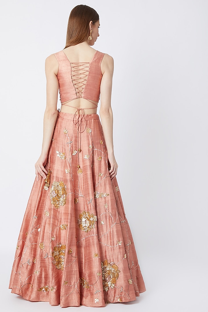 Peach Embroidered Wedding Lehenga Set With Sage Green Dupatta by Sumayah at Pernia's Pop Up Shop