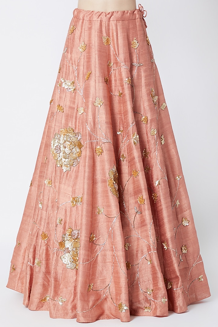Peach Embroidered Wedding Lehenga Set With Sage Green Dupatta by Sumayah at Pernia's Pop Up Shop