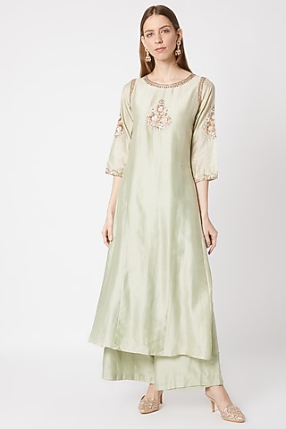 Mint Green Embroidered Kurta With Palazzo Pants by Sumayah