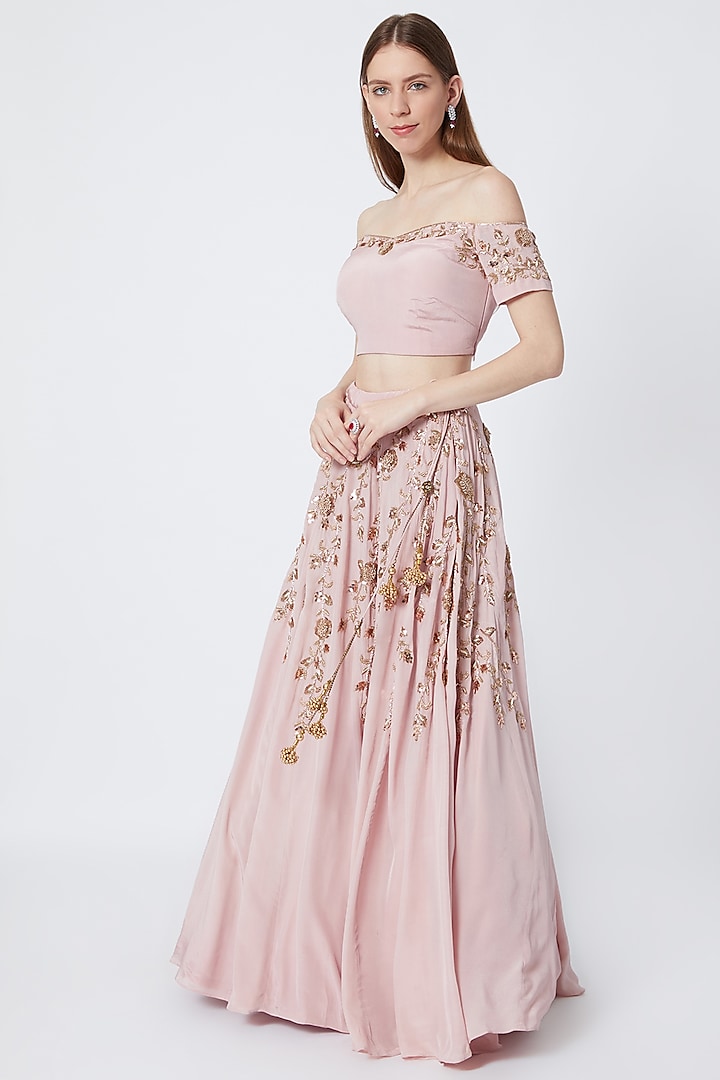 Pink Off Shoulder Embroidered Blouse With Lehenga Skirt by Sumayah