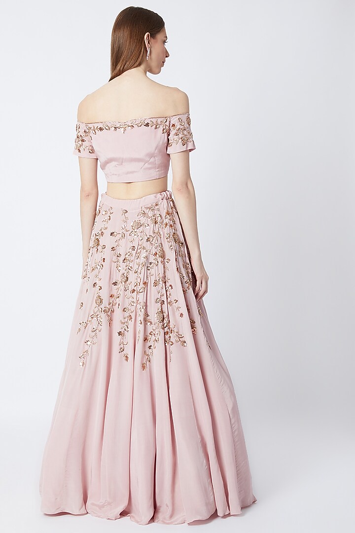 Pink Off Shoulder Embroidered Blouse With Lehenga Skirt by Sumayah at Pernia's Pop Up Shop