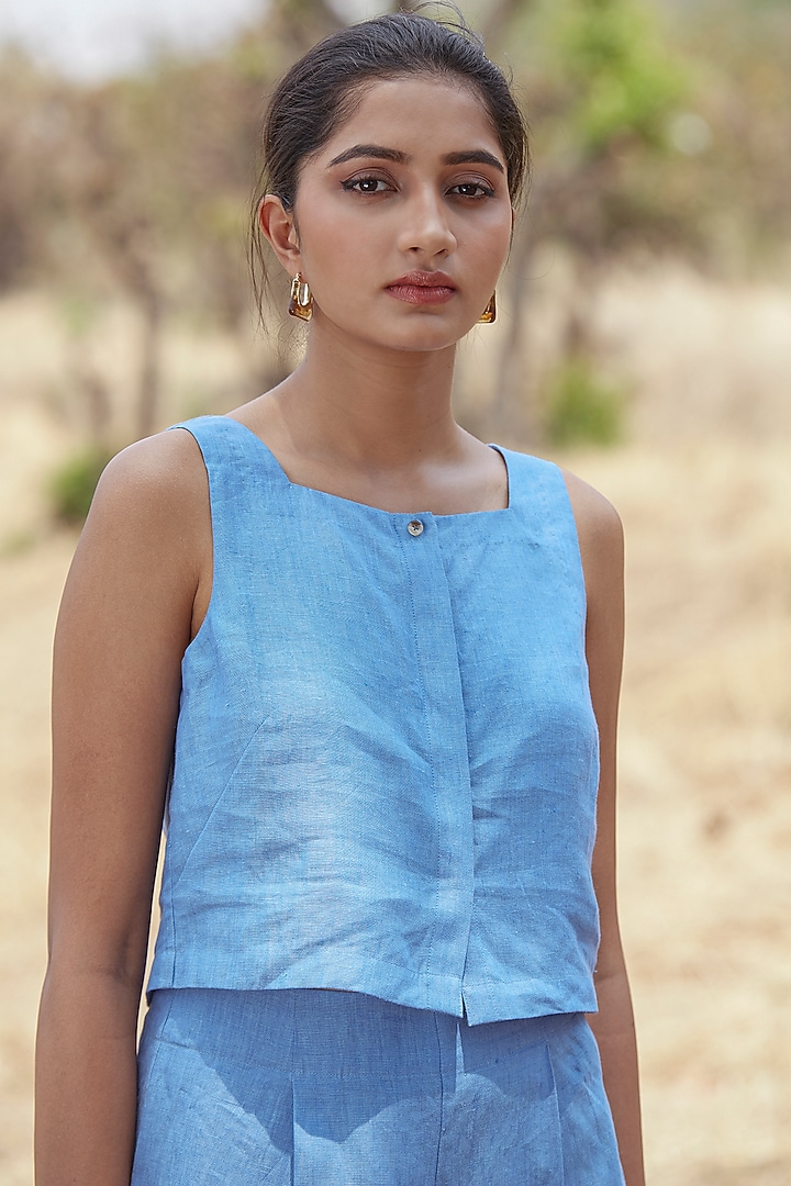 Ice Blue Linen Wide-Leg Pant Set by The Summer House at Pernia's Pop Up Shop
