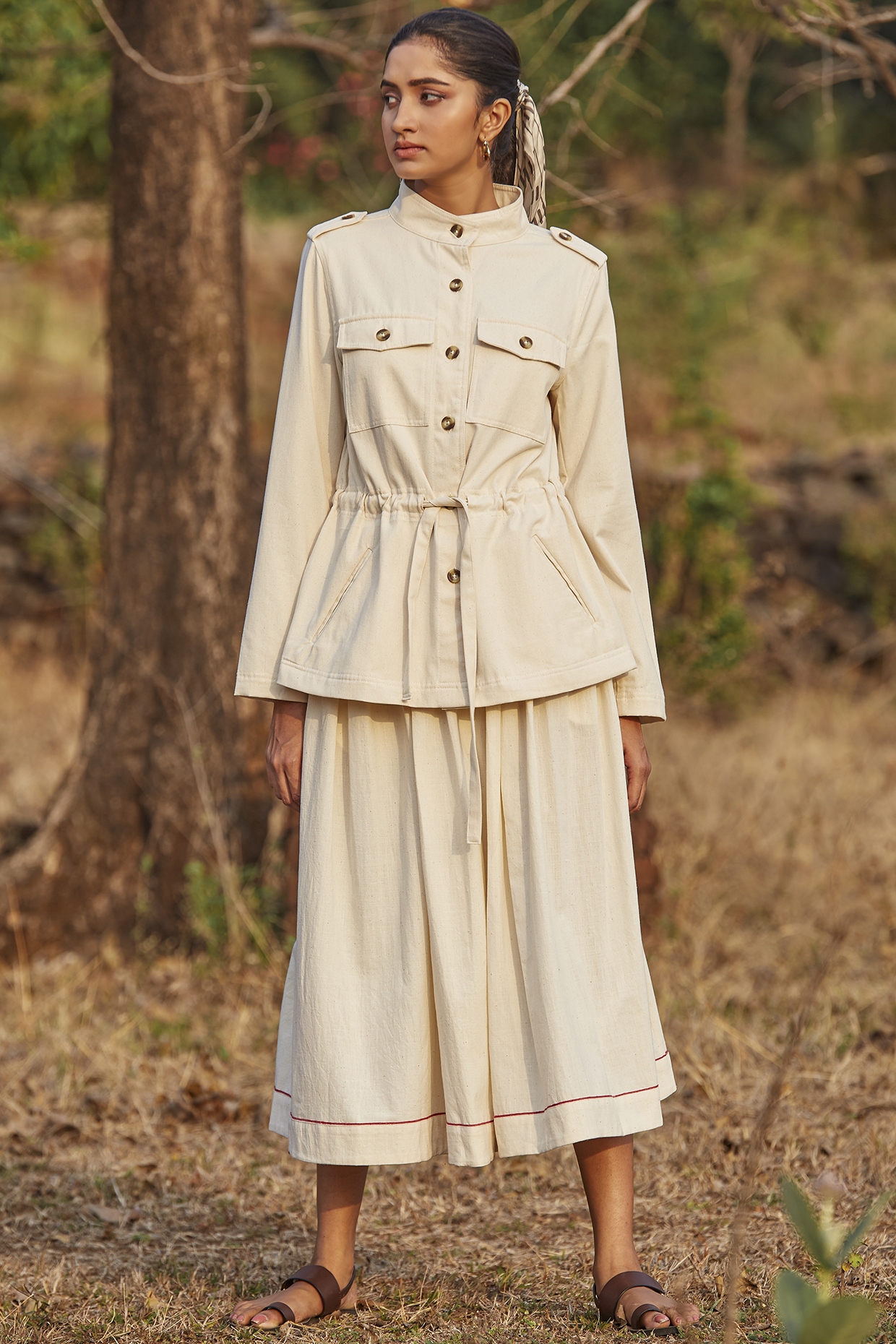 Beige Handspun & Handwoven Cotton Jacket Set by The Summer House at Pernia's Pop Up Shop