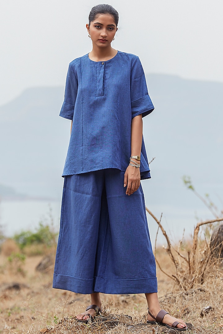 Ink Blue Linen High-Rise Wide-Leg Pant Set by The Summer House