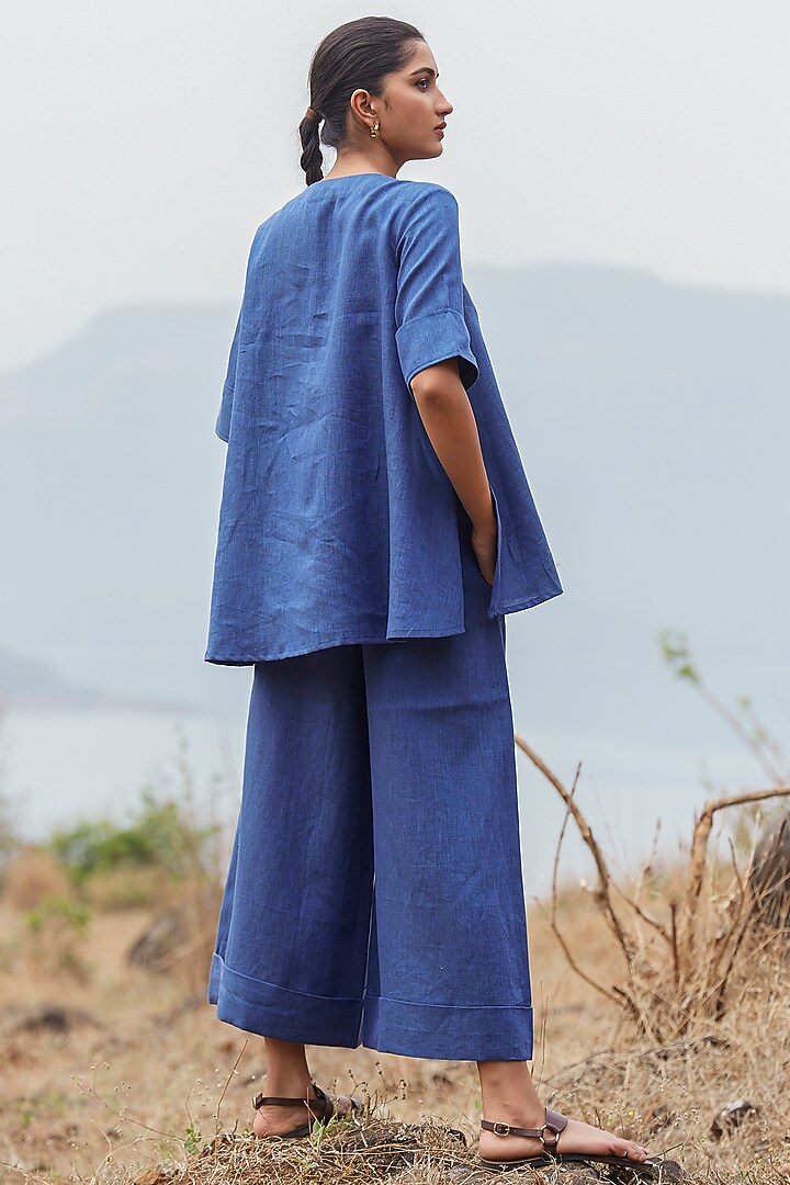 Ink Blue Linen High-Rise Wide-Leg Pant Set by The Summer House at Pernia's Pop Up Shop