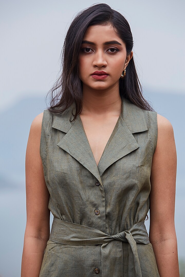 Olive Green Linen Summer Dress by The Summer House at Pernia's Pop Up Shop
