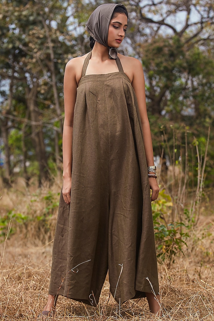 Olive Green Linen Jumpsuit by The Summer House at Pernia's Pop Up Shop