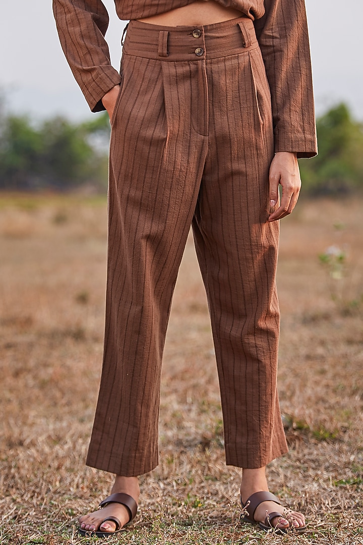 Chocolate Brown Striped Mid-Waist Pants by The Summer House at Pernia's Pop Up Shop
