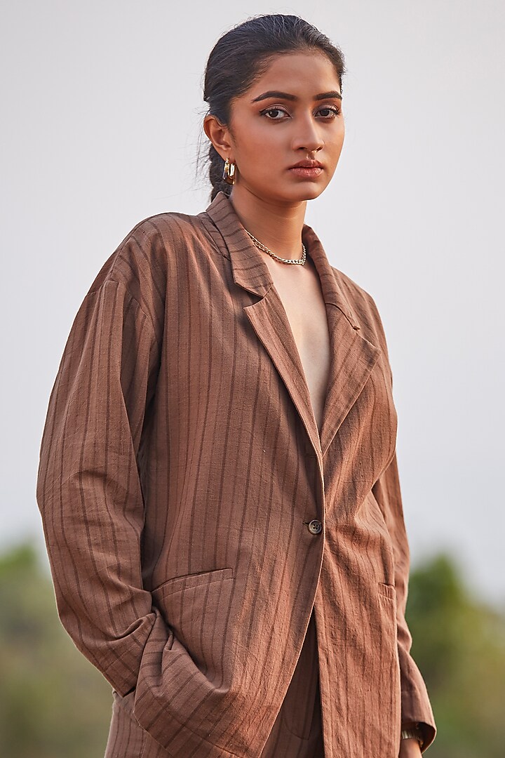 Chocolate Brown Striped Jacket Set by The Summer House at Pernia's Pop Up Shop