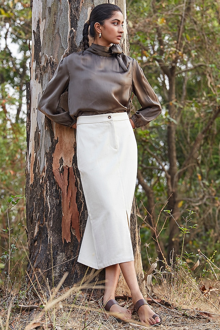 White Handspun & Handwoven Denim High-Waisted Pencil Skirt by The Summer House