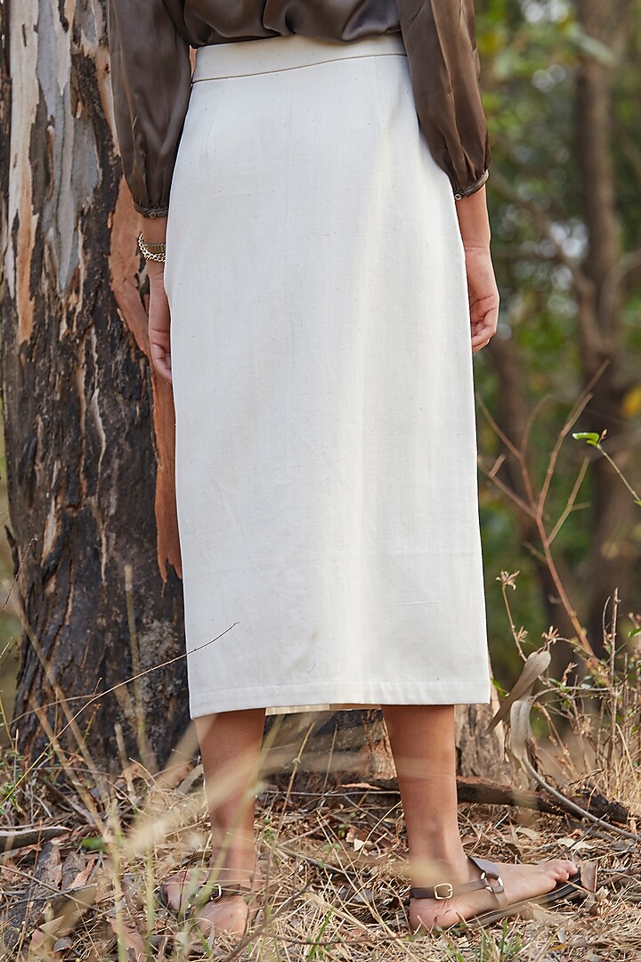 White Handspun & Handwoven Denim High-Waisted Pencil Skirt by The Summer House at Pernia's Pop Up Shop