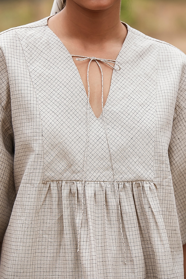 Beige Checkered Linen Top by The Summer House at Pernia's Pop Up Shop