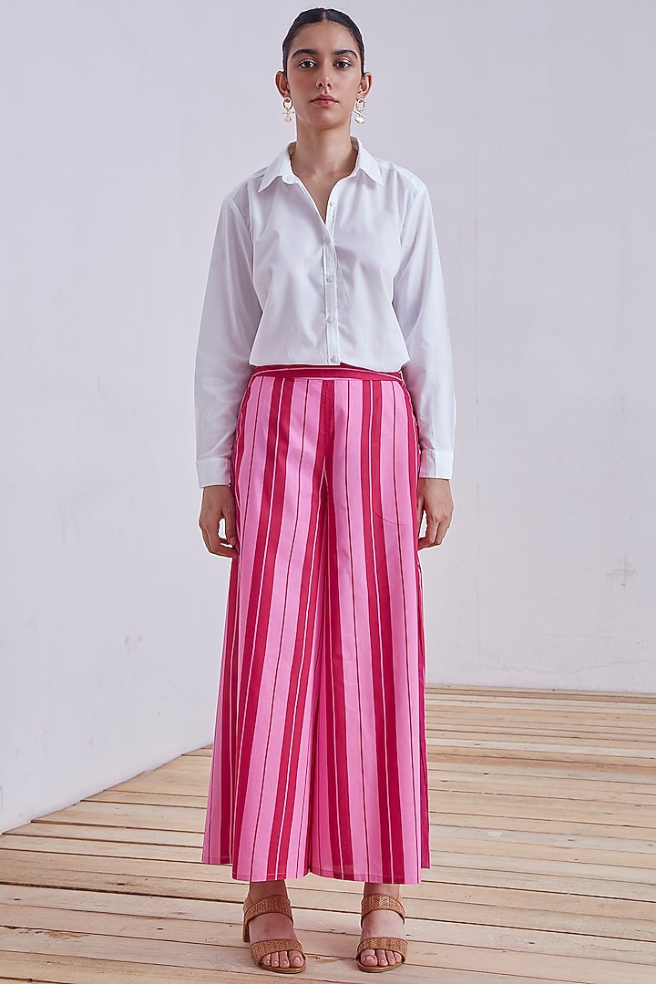 Pink & Red Printed Wide Leg Pants by The Summer House at Pernia's Pop Up Shop