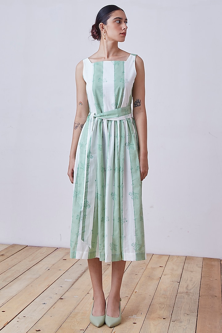 Green & White Block Printed Midi Dress by The Summer House at Pernia's Pop Up Shop