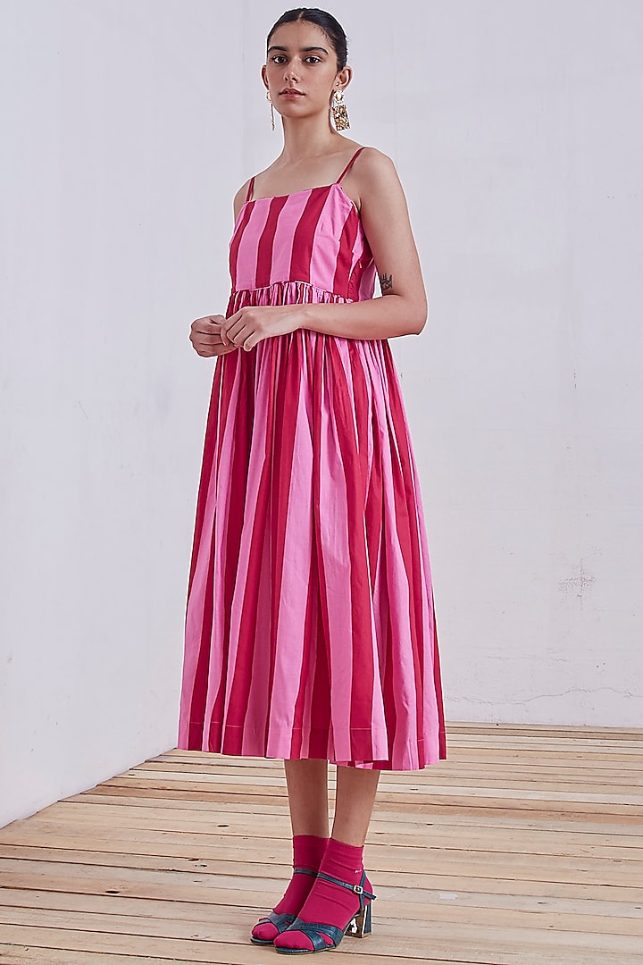 Pink & Red Stripe Printed Midi Dress by The Summer House at Pernia's Pop Up Shop