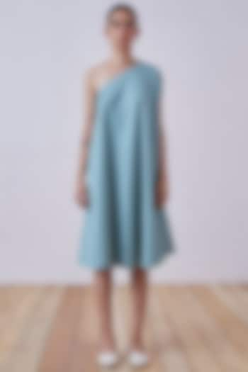 Bluish Green Cotton One Shoulder Dress by The Summer House at Pernia's Pop Up Shop