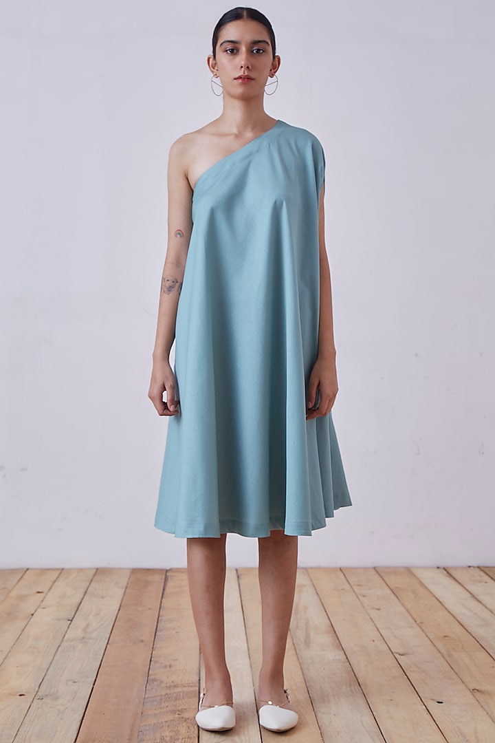 Bluish Green Cotton One Shoulder Dress by The Summer House at Pernia's Pop Up Shop