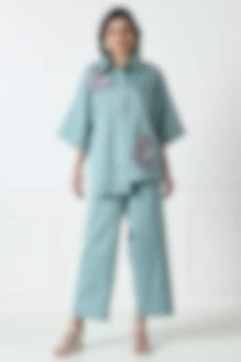 Pastel Bluish Grey Cotton Hand Embroidered Co-Ord Set by Sunanta Madaan at Pernia's Pop Up Shop