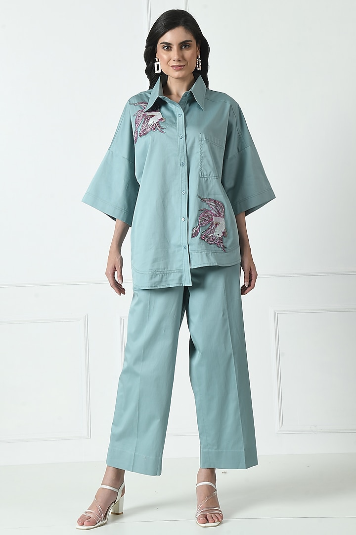 Pastel Bluish Grey Cotton Hand Embroidered Co-Ord Set by Sunanta Madaan at Pernia's Pop Up Shop