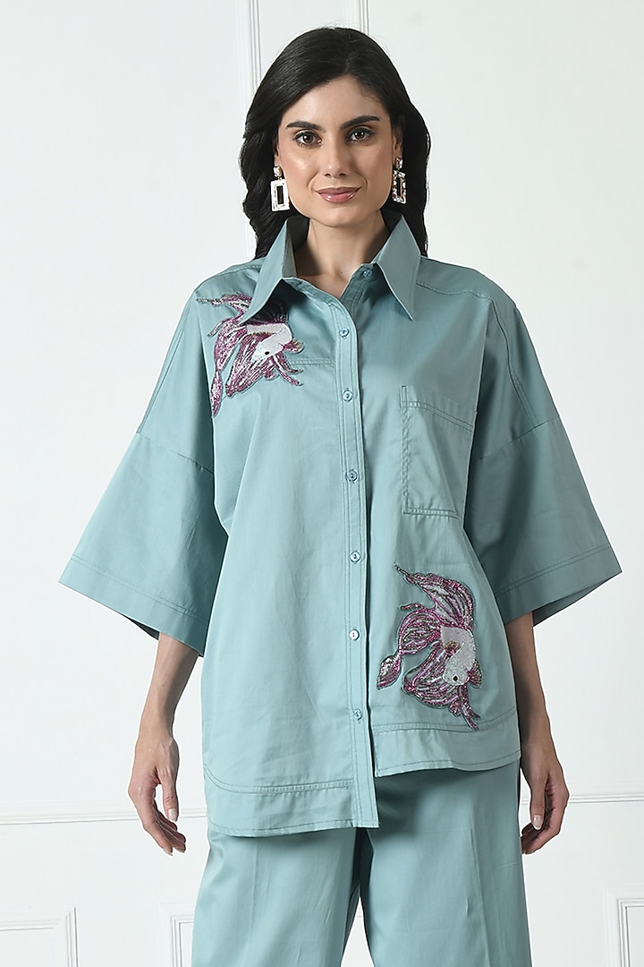 Pastel Bluish Grey Cotton Hand Embroidered Co-Ord Set by Sunanta Madaan at Pernia's Pop Up Shop