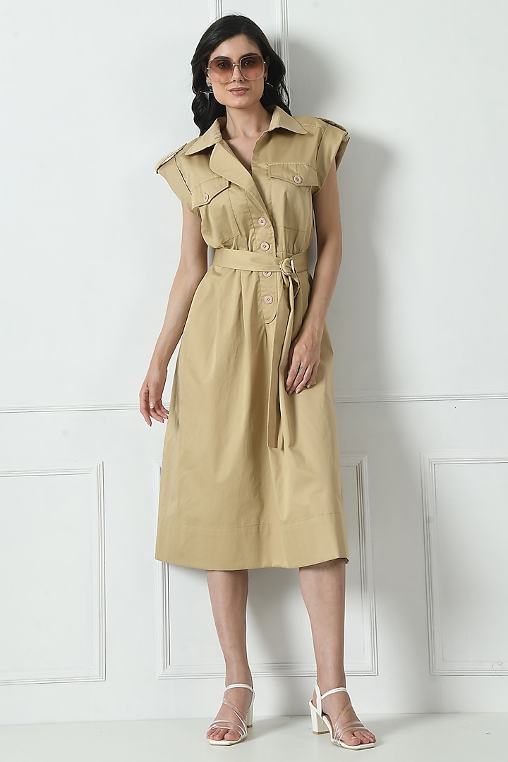 Beige Cotton Midi Dress by Sunanta Madaan at Pernia's Pop Up Shop