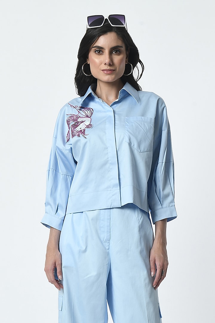Sky Blue Cotton Hand Embroidered Co-Ord Set by Sunanta Madaan at Pernia's Pop Up Shop