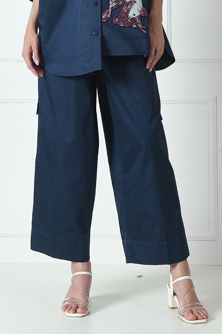 Navy Blue Cotton Hand Embroidered Co-Ord Set by Sunanta Madaan at Pernia's Pop Up Shop