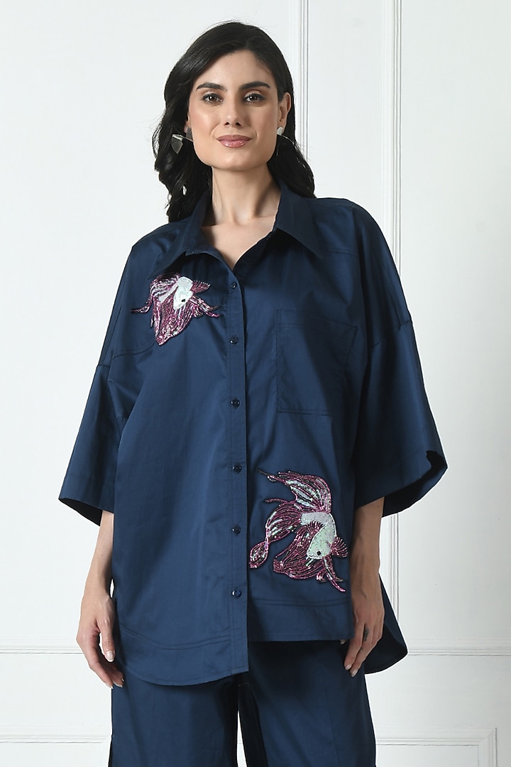 Navy Blue Cotton Hand Embroidered Co-Ord Set by Sunanta Madaan at Pernia's Pop Up Shop