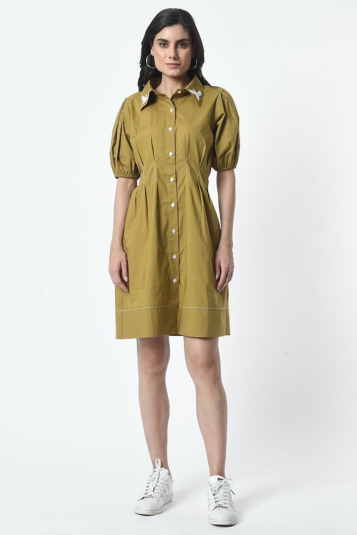 Olive Green Cotton Embroidered Dress by Sunanta Madaan at Pernia's Pop Up Shop