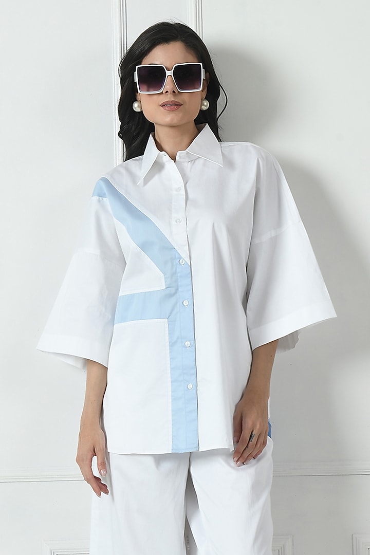 White & Sky Blue Cotton Color Blocked Co-Ord Set by Sunanta Madaan at Pernia's Pop Up Shop