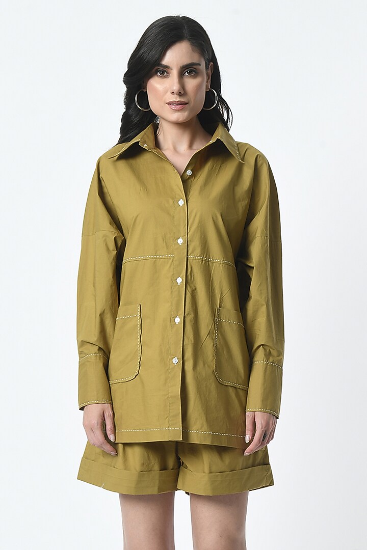 Olive Green Cotton Hand Embroidered Co-Ord Set by Sunanta Madaan at Pernia's Pop Up Shop