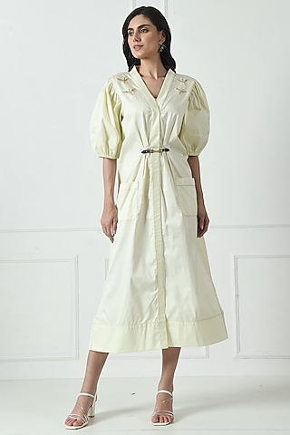 Ivory Cotton Hand Embroidered Midi Dress by Sunanta Madaan