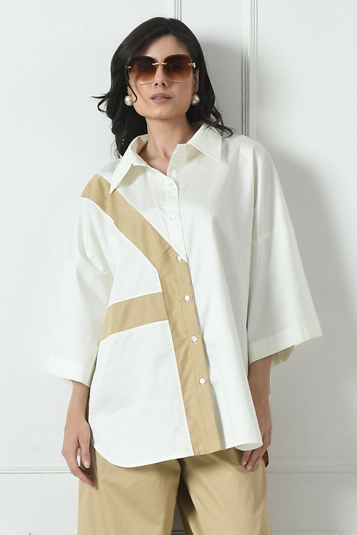 Ivory & Beige Cotton Color Blocked Co-Ord Set by Sunanta Madaan at Pernia's Pop Up Shop