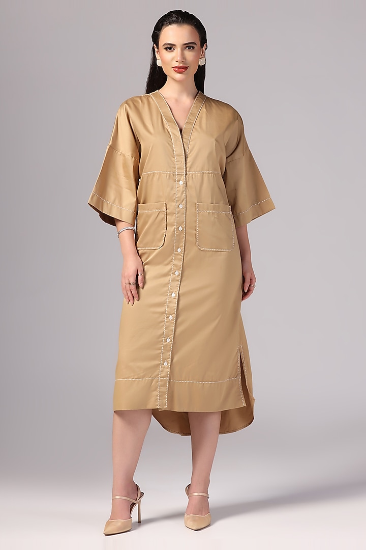 Beige Luxury Cotton Midi Dress by Sunanta Madaan at Pernia's Pop Up Shop