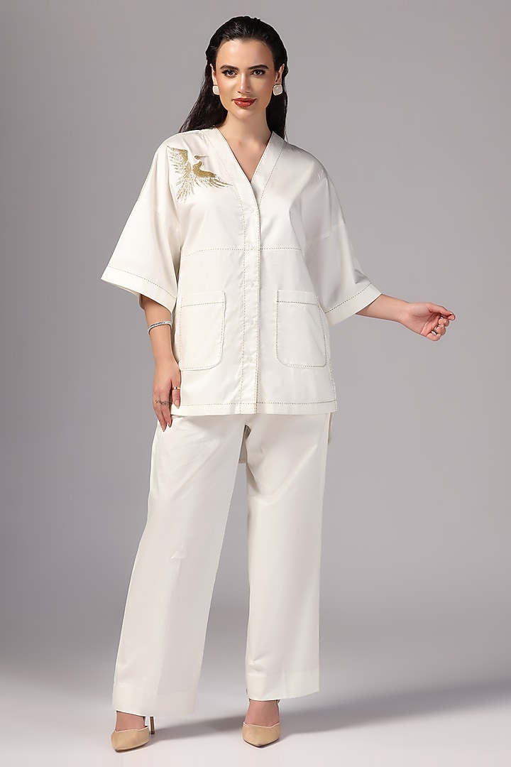 Ivory Luxury Cotton Hand Embroidered Co-Ord Set by Sunanta Madaan at Pernia's Pop Up Shop